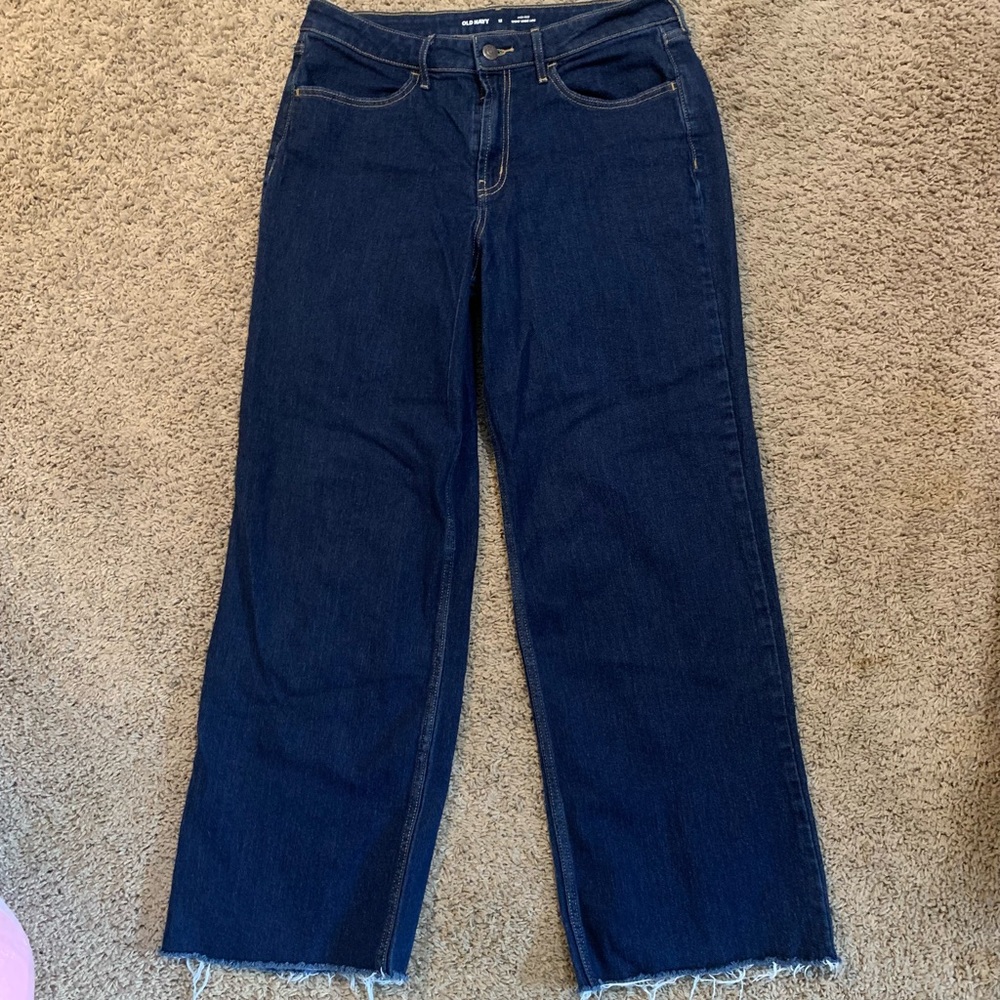 Old Navy High-Rise WOW Wide Leg Dark Wash Jeans Raw Hem 12
